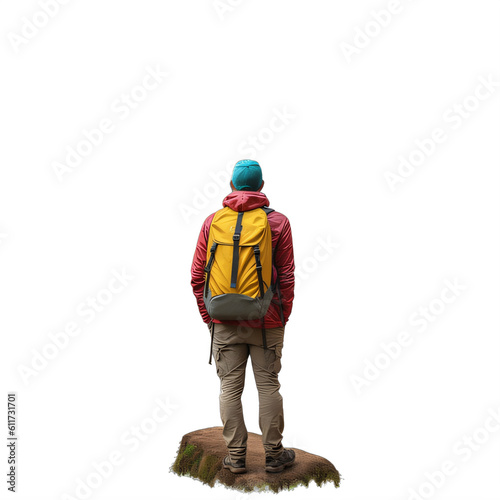 A person hiking with a backpack standing on a rock on a transparent background png isolated Generative Ai © Eduardo