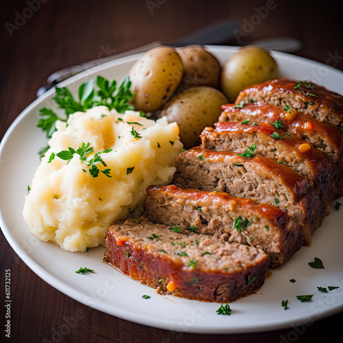 Plate of meatloaf with sides created with Generative AI technology