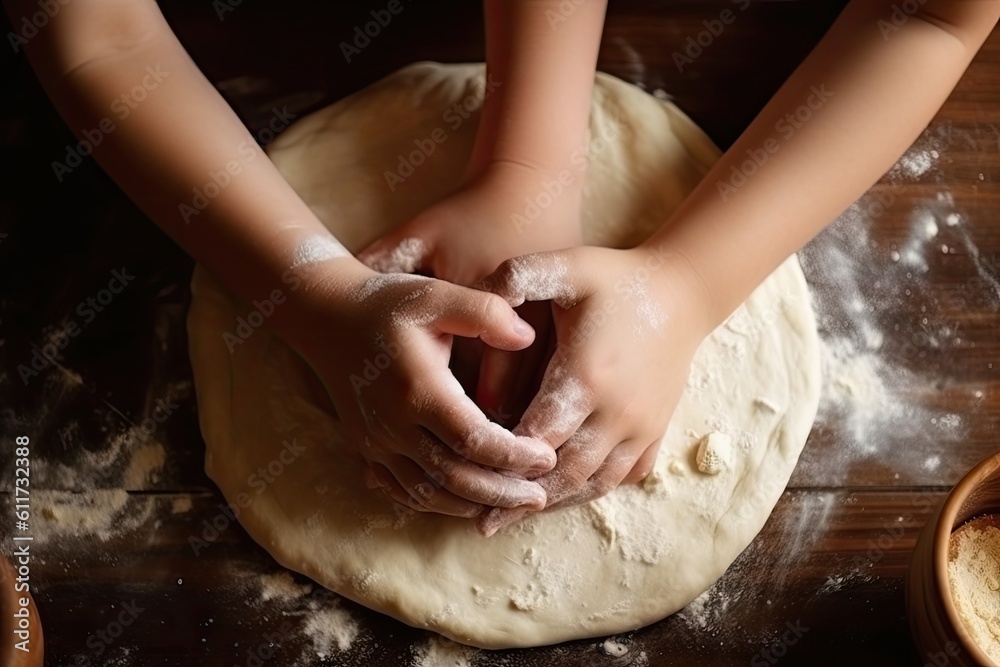 Making Bread Dough with Children, Cooking Bakery Together, Abstract Generative AI Illustration