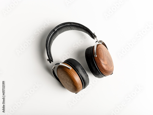 High-quality black and brown wooden acoustic headphones.