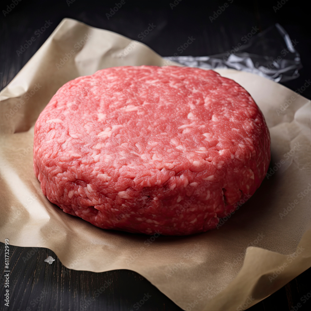 Raw hamburger beef patties on wax paper created with Generative AI