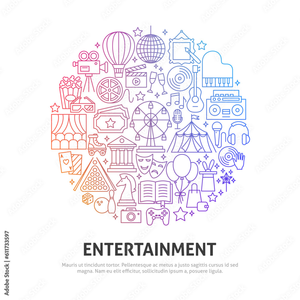Entertainment Circle Concept. Vector Illustration of Outline Design.
