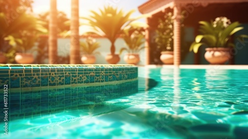 Schwimmbad oder Pool an einem heißen Sommertag mit Palmen im verschwommenen Hintergrund, Generative AI