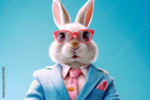 Fototapeta Naklejka Na Ścianę i Meble -  friendly and charismatic rabbit character involved in an everyday activity, animal influencer, animals banner, Generative AI