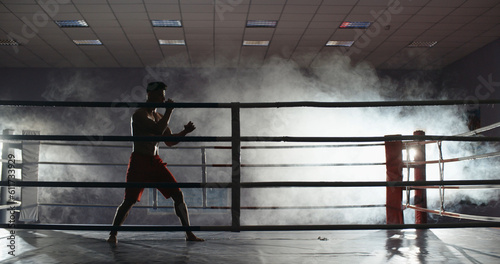 Tableau sur toile Handsome asian athlete sparring in a fighting ring, practicing thai boxing techniques with an opponent - martial arts, sports concept