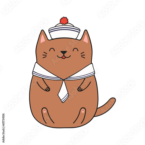 Cute funny sailor cat cartoon character illustration. Hand drawn kawaii style design, line art, drawing, isolated vector. Kids print element