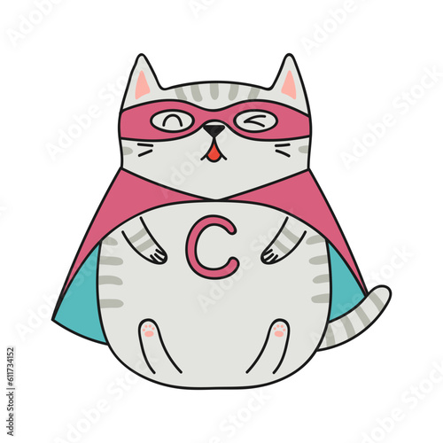 Cute funny superhero cat cartoon character illustration. Hand drawn kawaii style design, line art, drawing, isolated vector. Kids print element