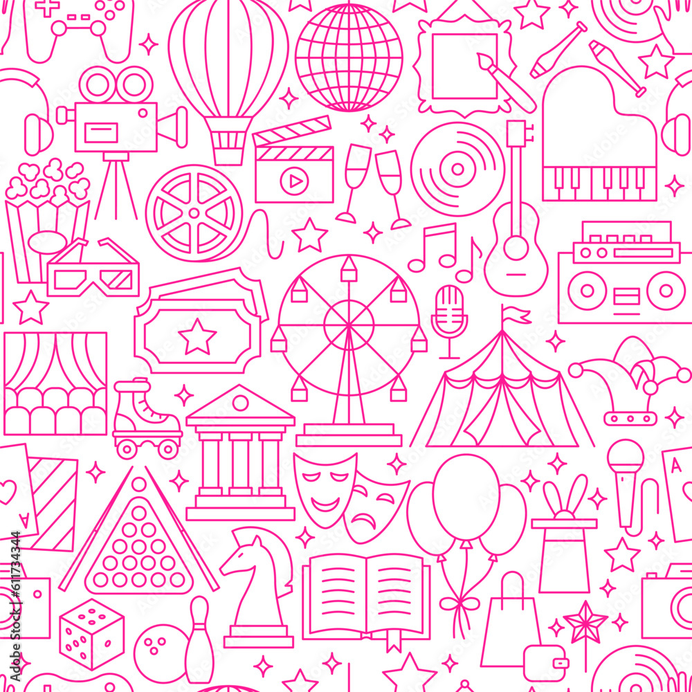 Entertainment Line Seamless Pattern. Vector Illustration of Outline Design. Entertainment Line Seamless Pattern. Vector Illustration of Outline Design.