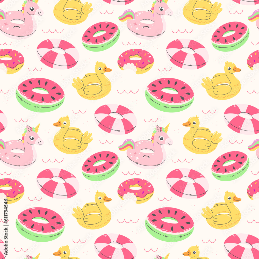 Pink seamless pattern with rubber rings unicorn, duck, donut, watermelon in cartoon flat style. Vector summer illustration background.
