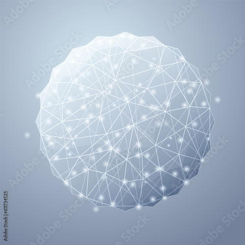 Abstract vector polygonal sphere, 3d origami blue round figure. Futuristic technology low poly style. Elegant dots background for business presentations
