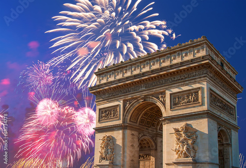 Celebratory colorful fireworks over the Arc de Triomphe, Paris, France photo