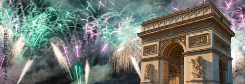 Celebratory colorful fireworks over the Arc de Triomphe, Paris, France photo