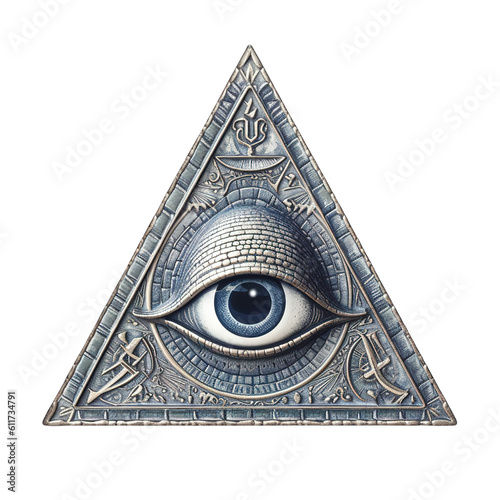 All Seeing Eye, eye of providence, Novus Ordo Seclorum pyramid symbol, isolated on transparent background, generative ai photo