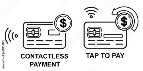 Contactless wireless payment by credit bank chip card, NFC tap pay line icon. Online cashless money transfer technology. Internet finance electronic commerce cash transaction by store terminal. Vector