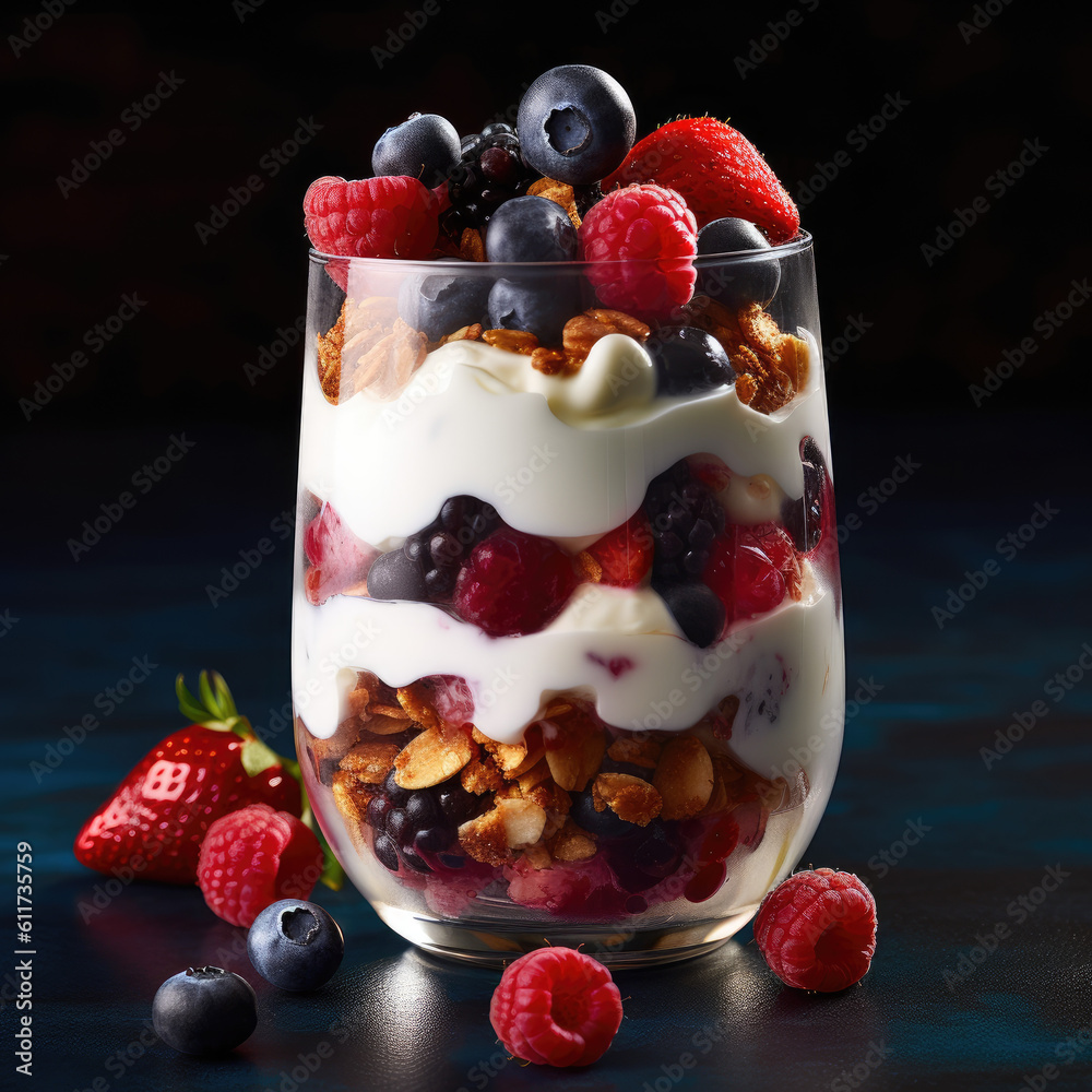 Glass of greek yogurt and berries on dark background. Generative AI Glass of greek yogurt and berries on dark background. Generative AI