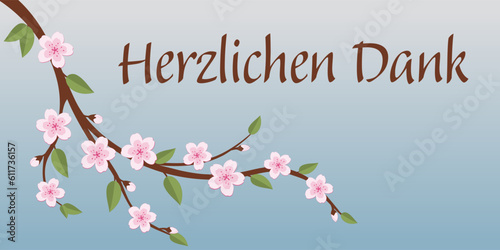 Herzlichen Dank - Schriftzug in deutscher Sprache. Danksagungskarte mit rosa Blüten an einem Zweig.