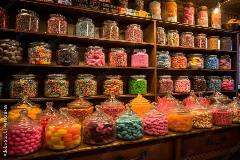 Large choice of sweets in a candy shop. AI generative
