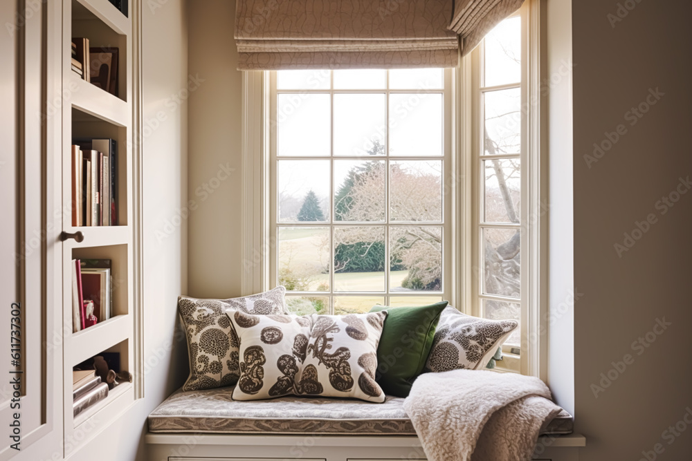 Window seat, interior design and comfort at home, reading nook with bookshelves and cushions, home decor in a country house, English cottage style, generative ai - obrazy, fototapety, plakaty 