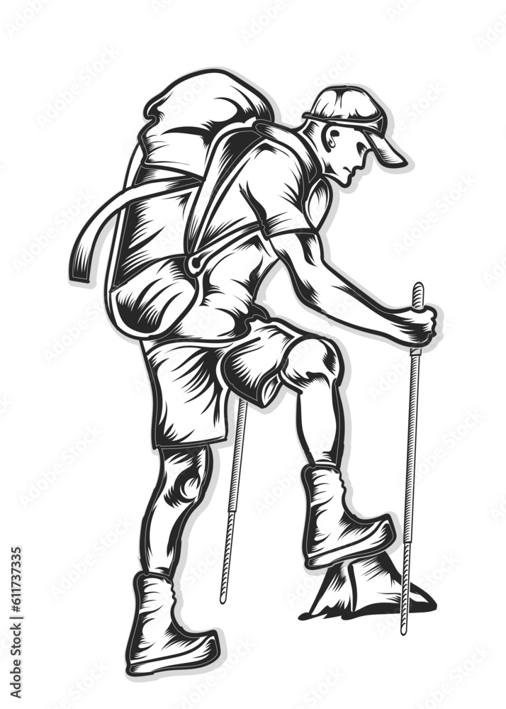 Obraz premium Hiking man adventure vector design black and white.