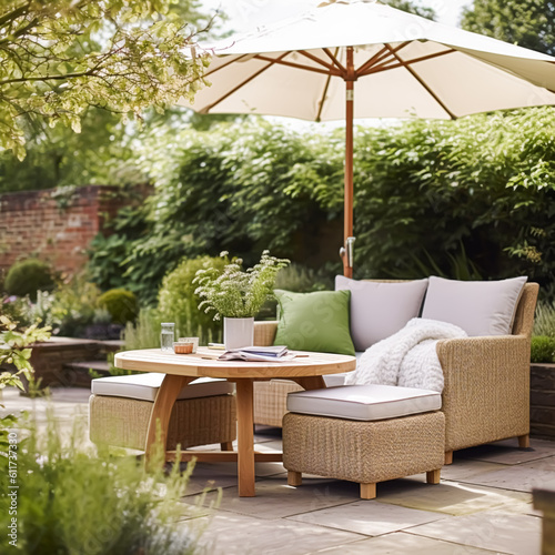 Garden lounge, outdoor furniture and countryside house patio decor in a country cottage style, generative ai