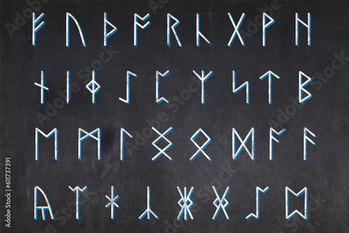 Canvas Print Anglo-Saxon runes alphabet drawn on a blackboard