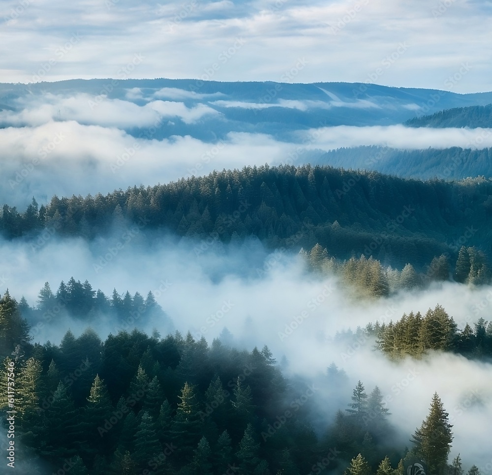 A sweeping aerial view of a dense pine forest, with a low-hanging cloud of mist hovering over the trees.