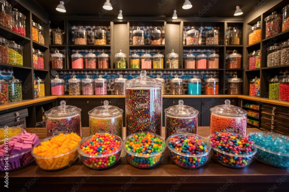 Large choice of sweets in a candy shop. AI generative