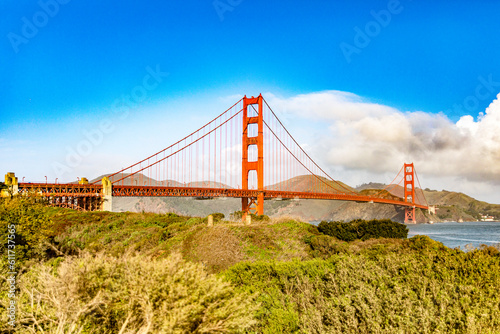 Golden Gate Bridge in the city of San Francisco, in the state of California in the USA, seen from a beautiful viewpoint in a meadow. Concept America.