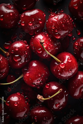  Background of fresh cherries. Texture of cherries in foreground. Cherries seamless background with water drops. Organic vegetarian food concept. AI generative