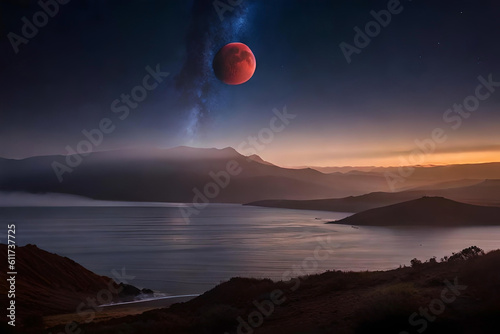 A lunar eclipse captured in a time-lapse photograph, showcasing the moon's transition from full to partial darkness