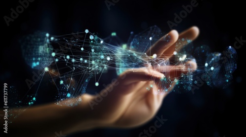 Human hand touching digital connection concept, dark background. AI generative image.