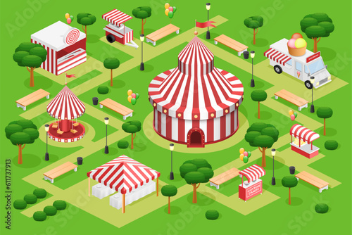 Festival map. Isometric 3D city. Circus tent or food court. Marketplace trucks. Ice cream car van. Market store. Shooting range and carousel. Park bench and lantern. Vector fairground set