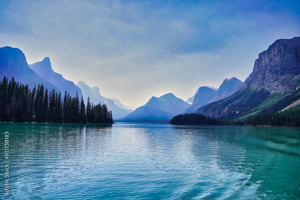 Sparkling blue waters of the Maligne Lake near Jasper in the Canada Rockies