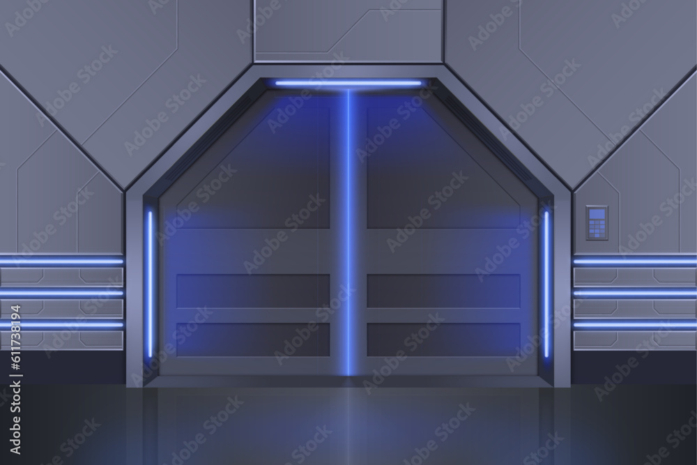 Spaceship door. Metal space ship interior. Sliding gate inside hexagon
