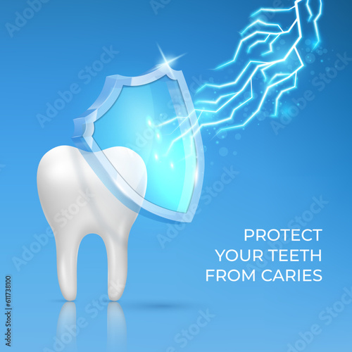 Realistic teeth with shield. Strong dental tooth, caries safeguard, spark lighting care, dentist clean. Toothpaste advertising graphic design, 3d isolated elements. Vector background concept