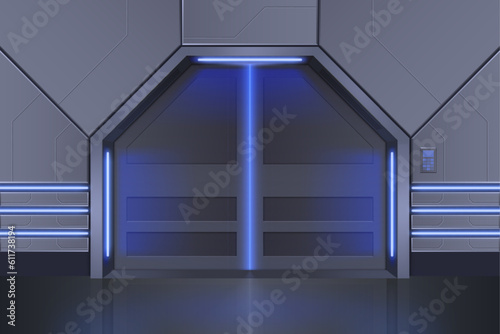 Spaceship door. Metal space ship interior. Sliding gate inside hexagon wall. Laboratory lock. Futuristic elevator doorway. Glowing lamps. Shuttle indoor design. Vector 3D background