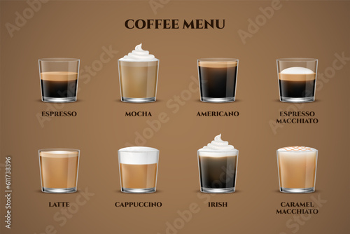 Coffee menu. Espresso in transparent glass cup, cappuccino and latte shot, americano, aroma mocha with ice milk. Cafe or restaurant foam cold and hot drinks. Vector realistic isolated 3d set