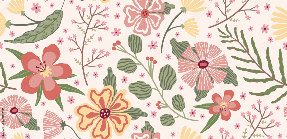 Spring flower pattern. Floral chinese print, abstract simple dahlia, trendy chrysanthemum, pastel cute azalea. Simple plants. Decor textile, wrapping paper, wallpaper, vector seamless background