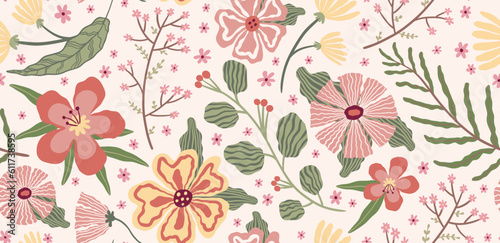 Spring flower pattern. Floral chinese print, abstract simple dahlia, trendy chrysanthemum, pastel cute azalea. Simple plants. Decor textile, wrapping paper, wallpaper, vector seamless background