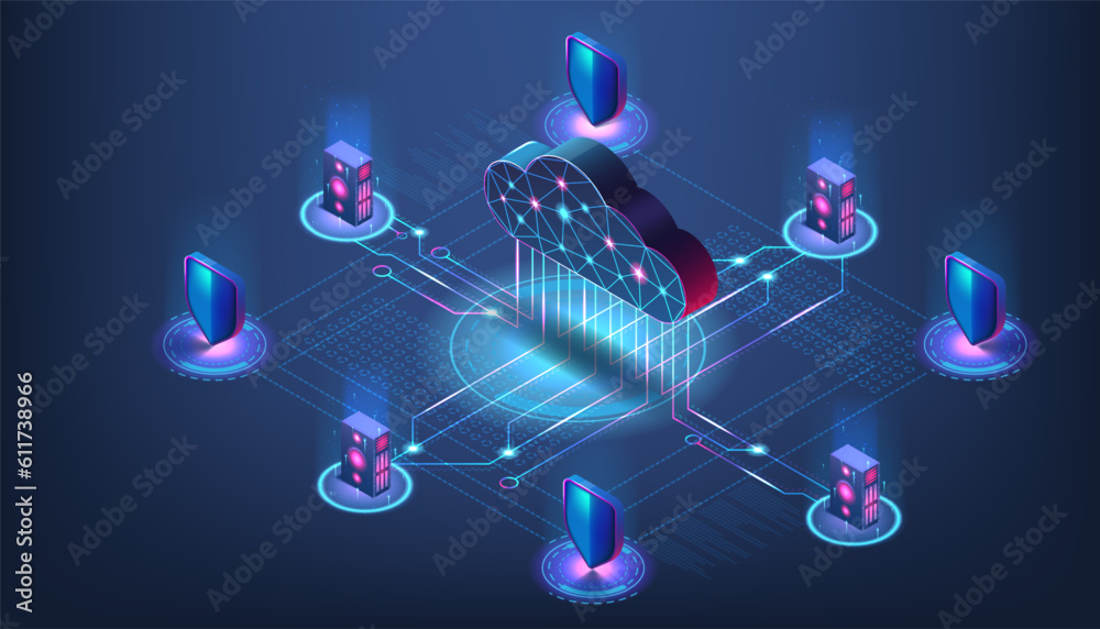 Data cloud. Storage digital technology. Attack on internet platform. Online server. 3D big center for business. Database connection. Computing protection. Vector isometric background