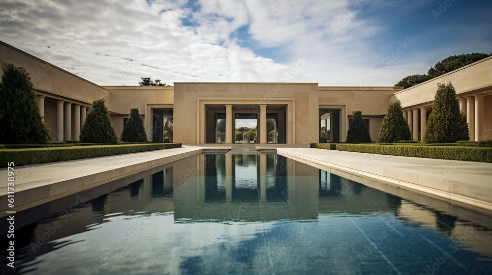 Modern Luxurious, Mansion in the Morning in Bel Air, Garden fountain, Stone and water, Fendi Casa, Natural sunlight, Calming refreshing Modernist Architecture Design - Generative AI Modern Luxurious, Mansion in the Morning in Bel Air, Garden fountain, Stone and water, Fendi Casa, Natural sunlight, Calming refreshing Modernist Architecture Design - Generative AI