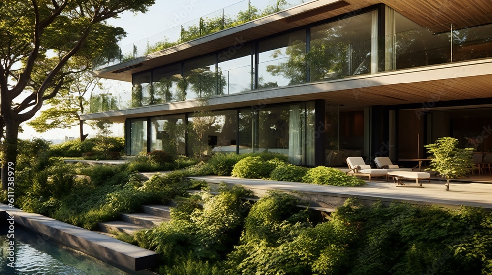Modern Luxurious, Mansion, Landscaped terrace, Wood and greenery, Earth tones, Patricia Urquiola, Serene Morning in the Hamptons, USA - Generative AI