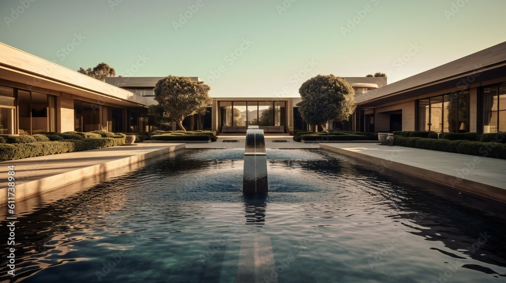 Modern Luxurious, Mansion in the Morning in Bel Air, Garden fountain, Stone and water, Fendi Casa, Natural sunlight, Calming refreshing Modernist Architecture Design - Generative AI