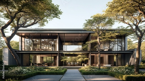 Straight-on Modern Luxurious Mansion, Ornamental trees, Glass and greenery, B&B Italia style, Natural sunlight in the Hamptons in a tranquil Morning - Generative AI
