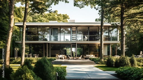 Straight-on Modern Luxurious Mansion, Ornamental trees, Glass and greenery, B&B Italia style, Natural sunlight in the Hamptons in a tranquil Morning - Generative AI © Sparkls