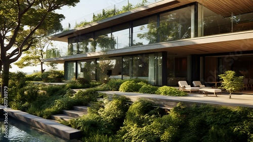 Modern Luxurious, Mansion, Landscaped terrace, Wood and greenery, Earth tones, Patricia Urquiola, Serene Morning in the Hamptons, USA - Generative AI © Sparkls