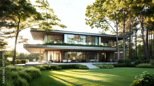 Modern Luxurious, Mansion in Nature Forest, Landscaped garden, Glass and greenery, Hermes Style, Refreshing Morning in the Hamptons, Natural sunlight - Generative AI