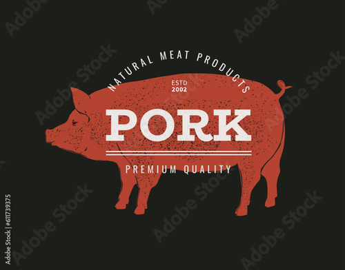 Pig butchery shop label, pork bbq logo. Meat icon, hog bacon from butcher market logotype, silhouette for farm food menu, cut of ham, products premium quality emblem. Vector vintage design