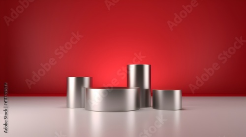 3d rendering of red podium on red curtain background. Luxury and elegant concept.