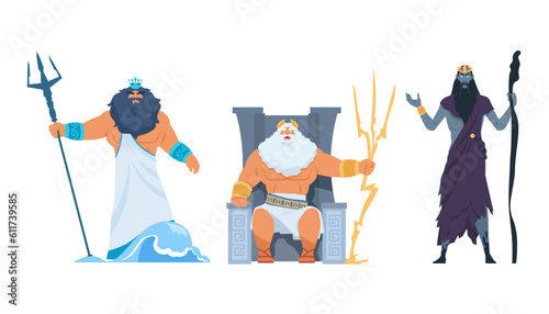 Cartoon Greek gods. Ancient mythological characters. Zeus on throne. Poseidon and Hades with tridents. Mythical divinities. Antique religion. Olympian pantheon. Divine men vector set photo